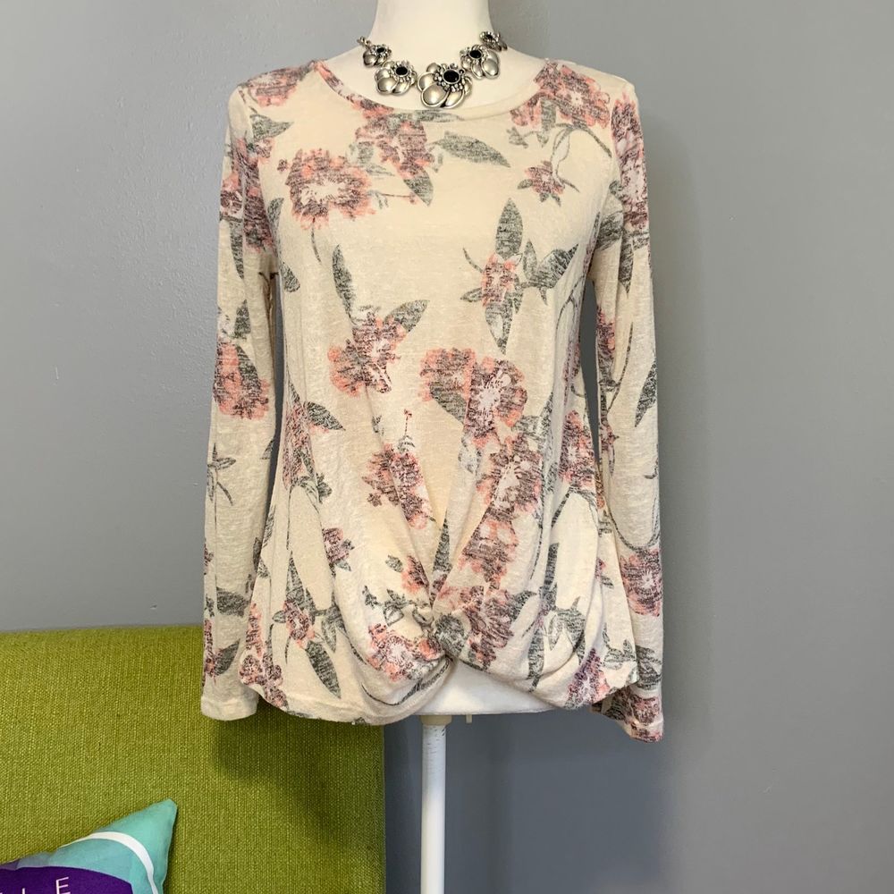 Altar'd State Cream Floral Twist Front Sweater